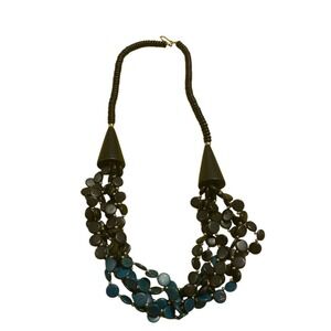 Statement‎ Necklace Black Teal Wood Bead Multi Strand Boho Chic Jewelry